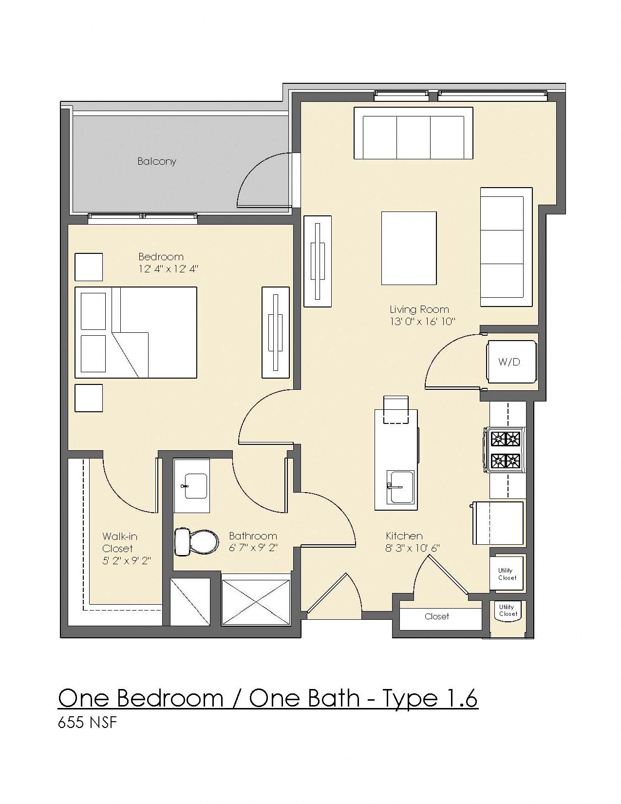 Floor plan for 1 bed, 1 bath, 754 sqft